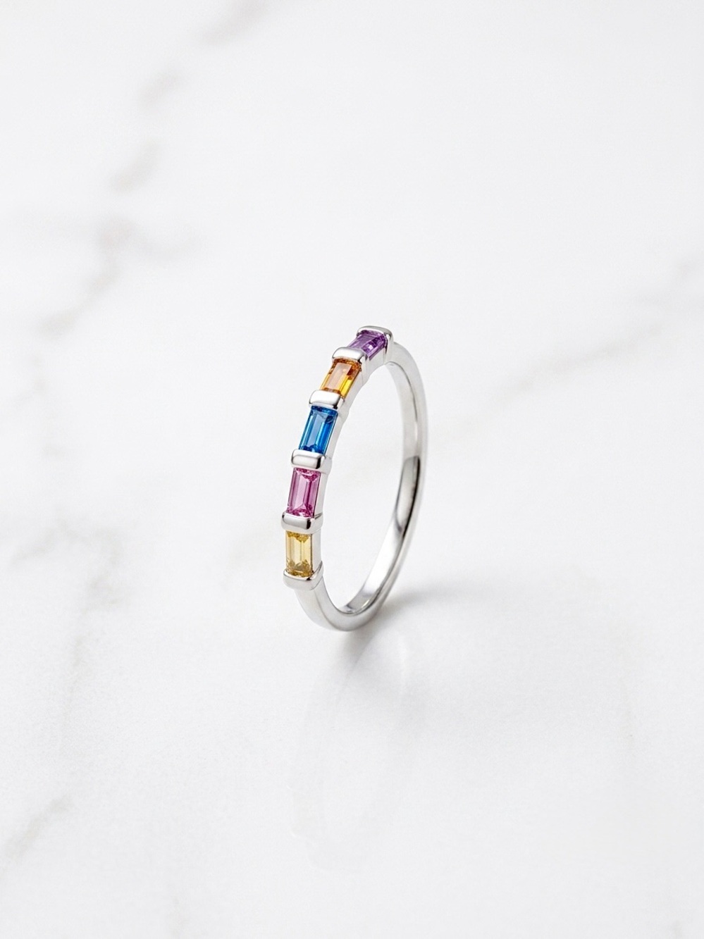 Platinum Plated Multicolor Baguette Crystal Ring | Silver Stackable Band Ring - Picture 3 of 7